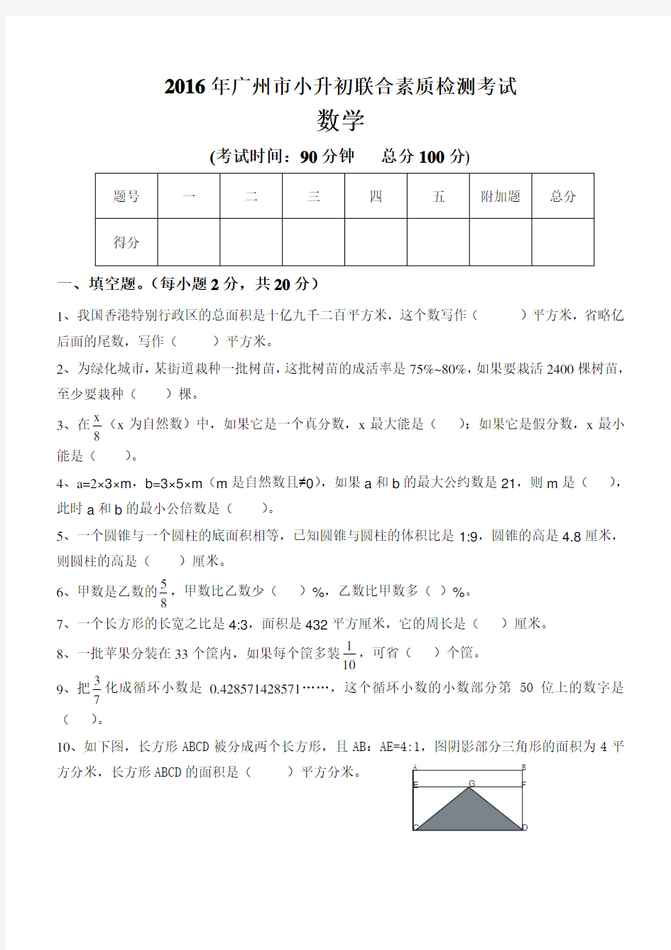 (完整版)人教版小升初数学试题及答案