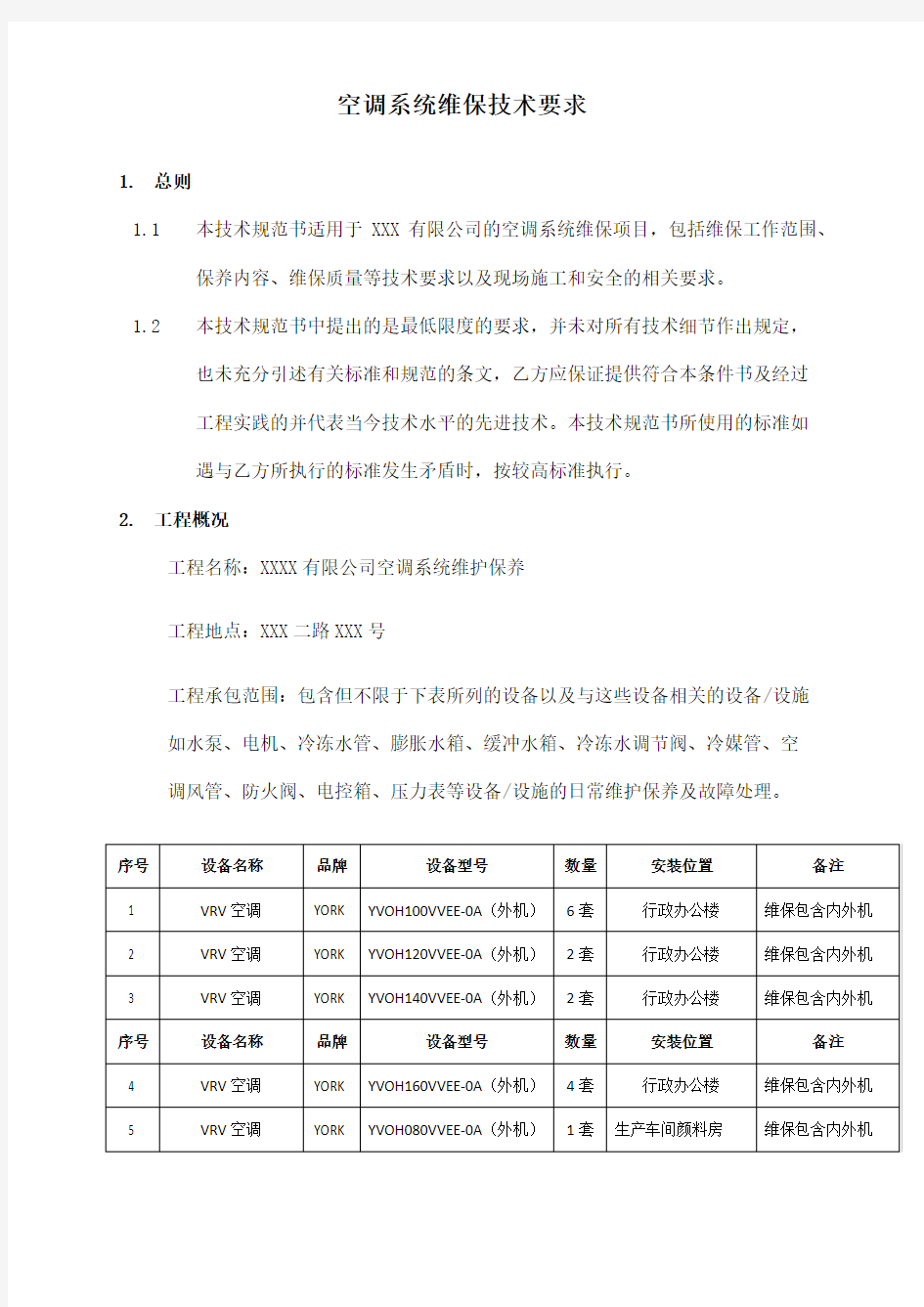 空调系统维保技术要求模板