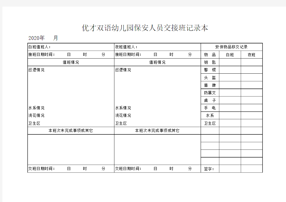 幼儿园保安人员交接班记录表