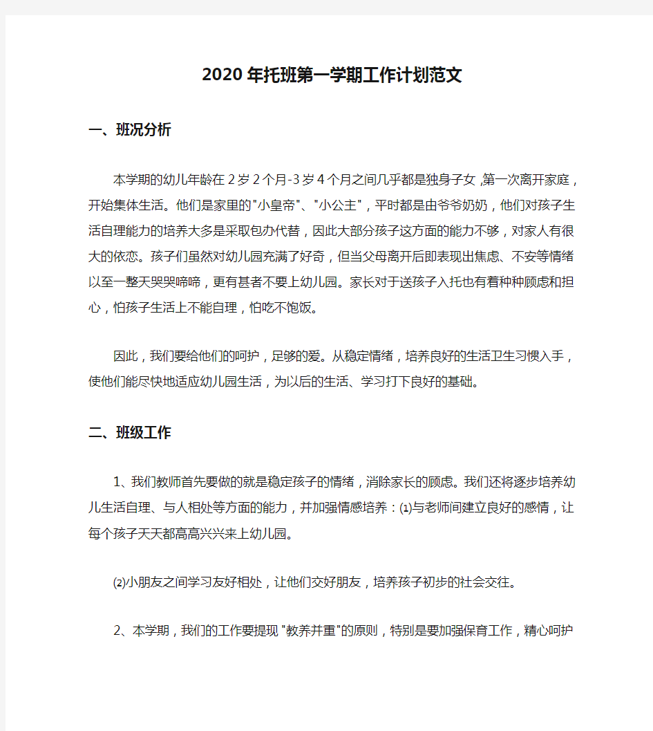 2020年托班第一学期工作计划范文