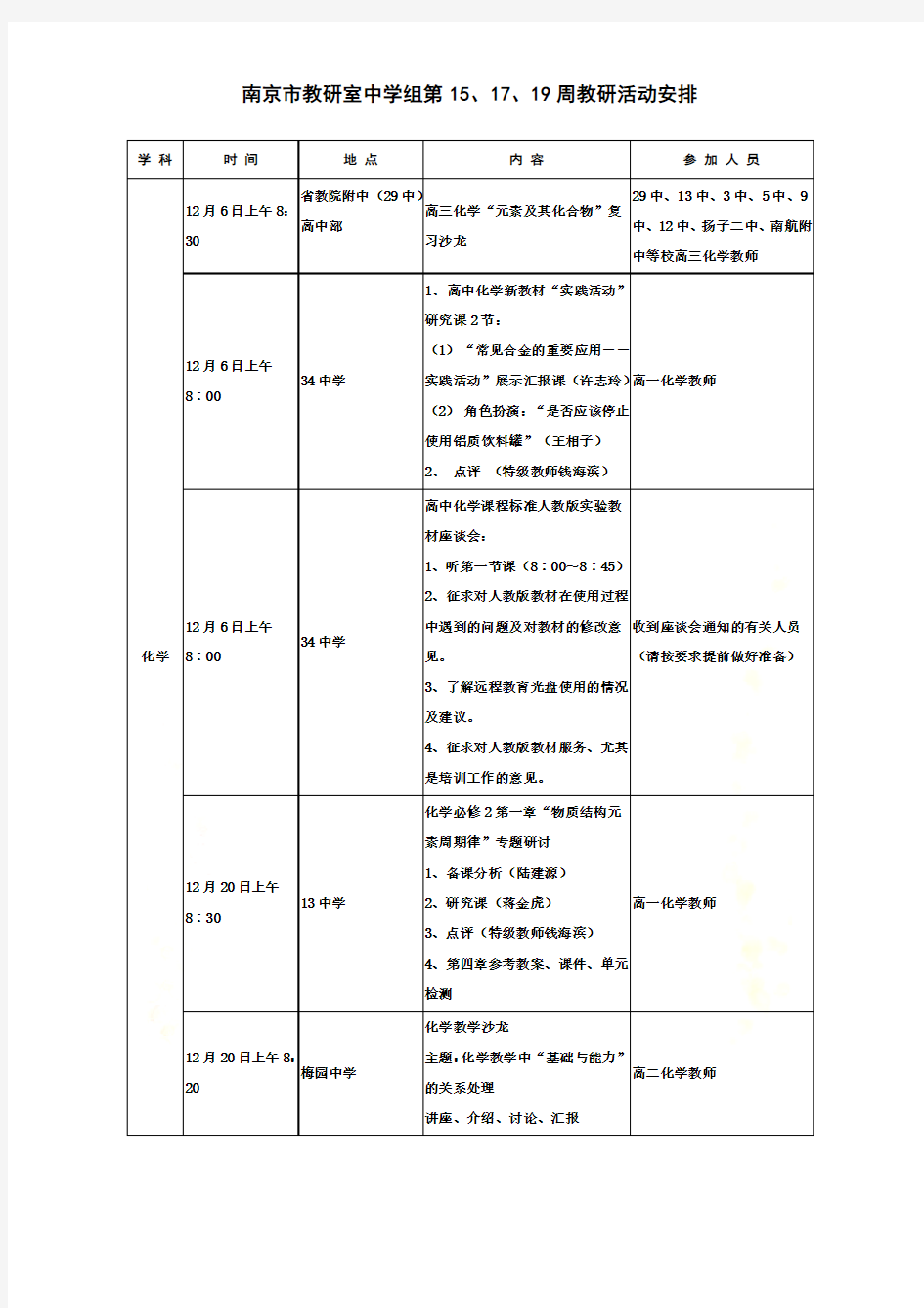南京市教研室中学组第15、17、19周教研活动安排