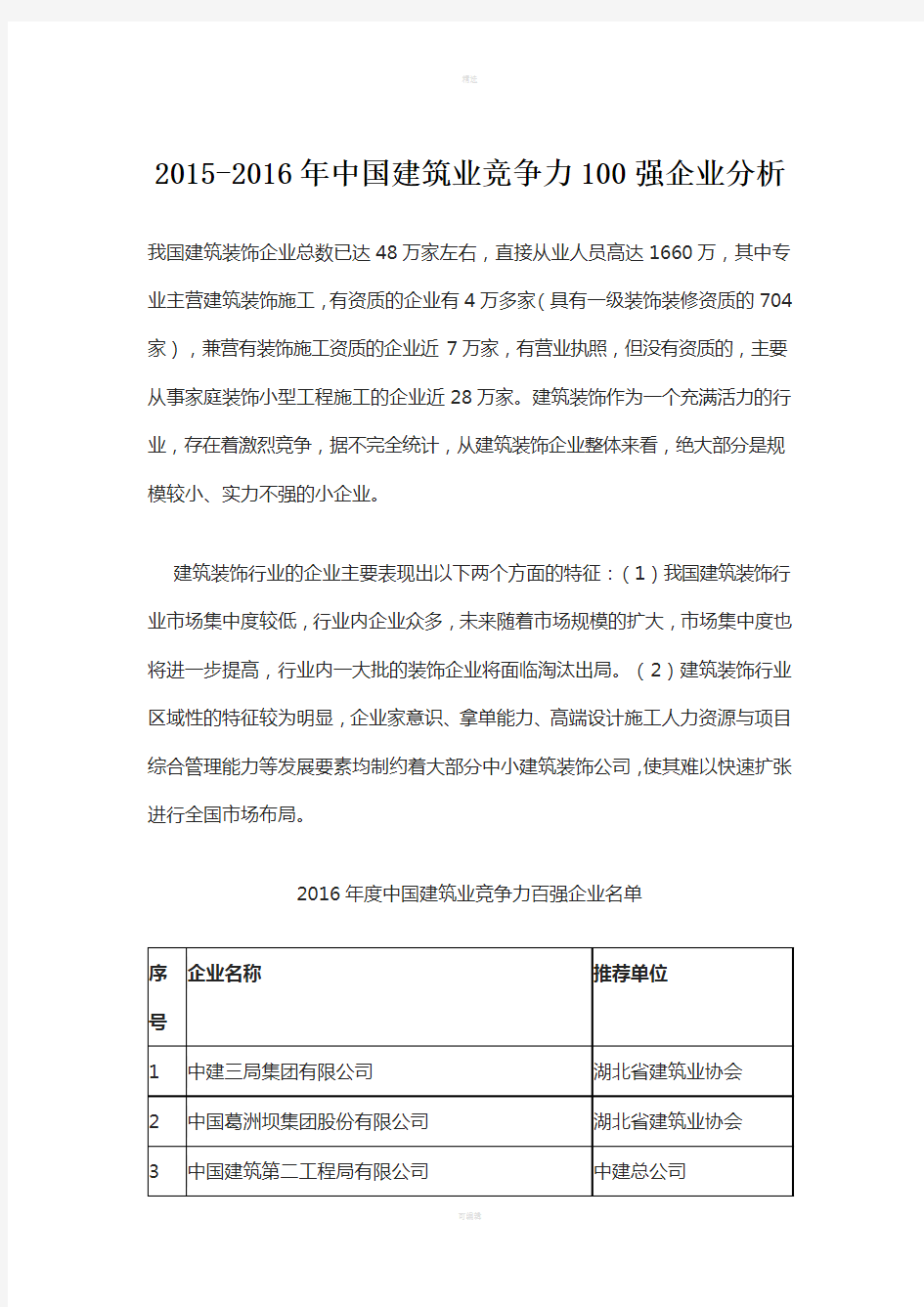 2015-2016年中国建筑业竞争力100强企业分析