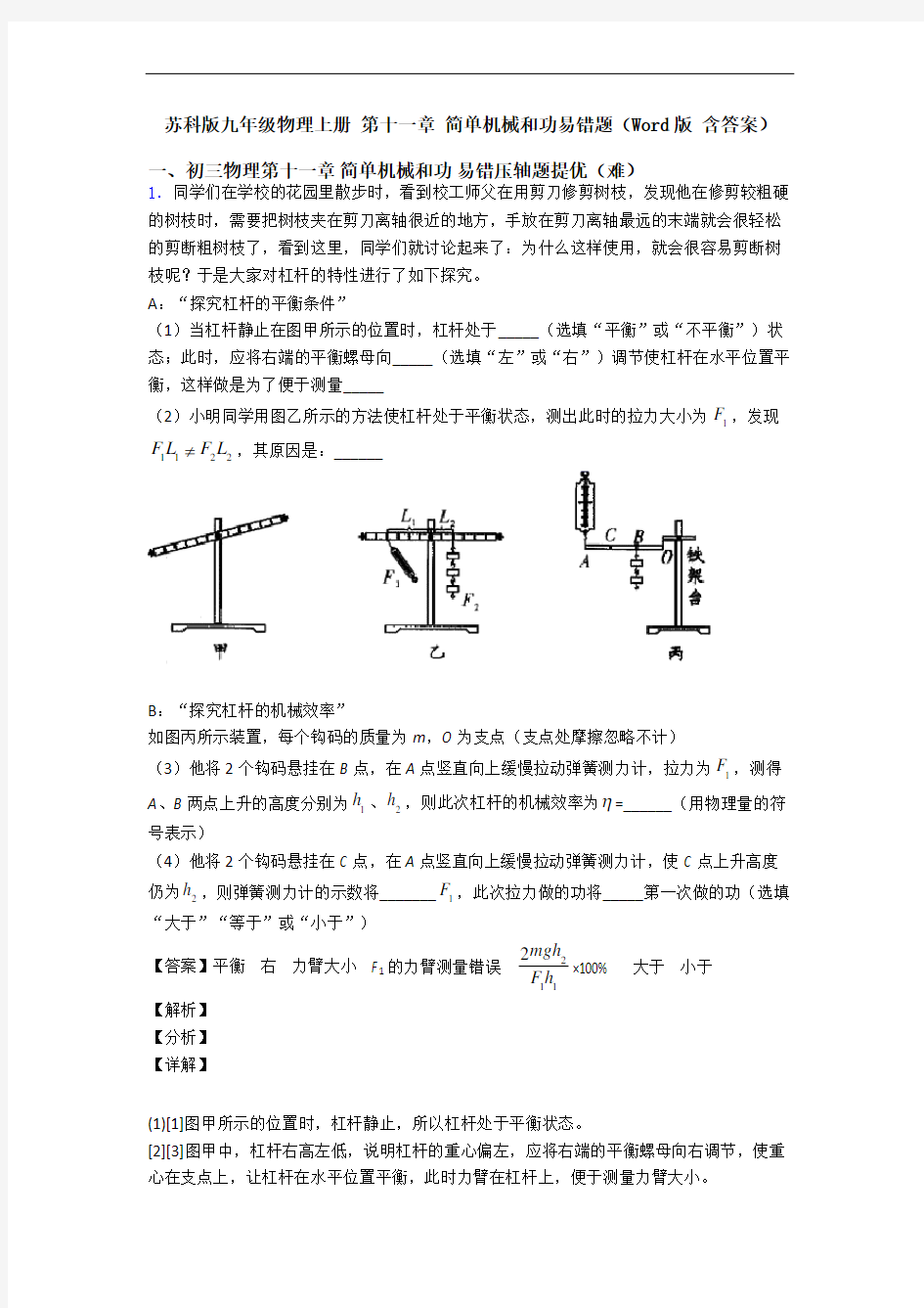 苏科版九年级物理上册 第十一章 简单机械和功易错题(Word版 含答案)