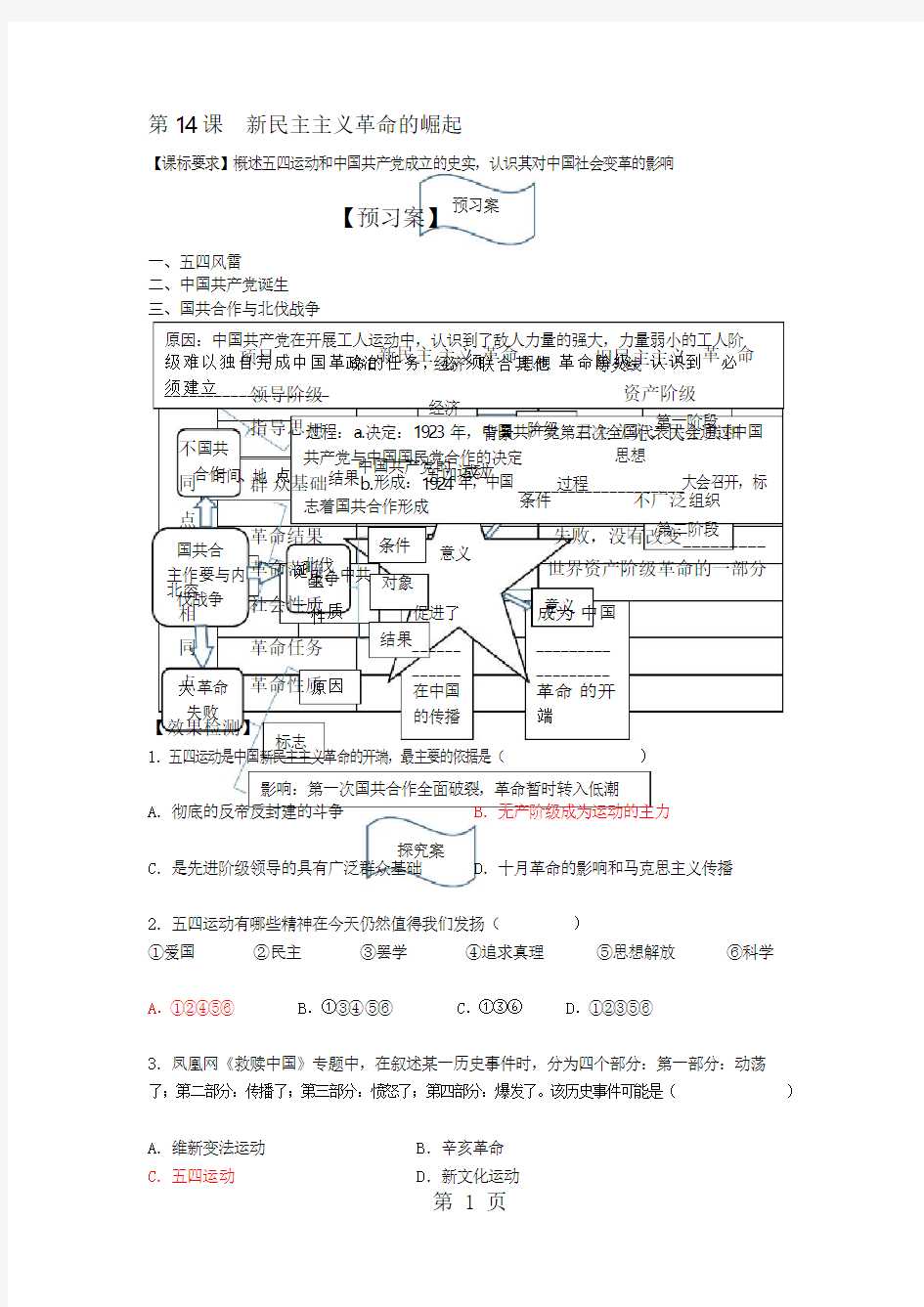 人教版高一历史必修一学案： 第14课   新民主主义革命的崛起