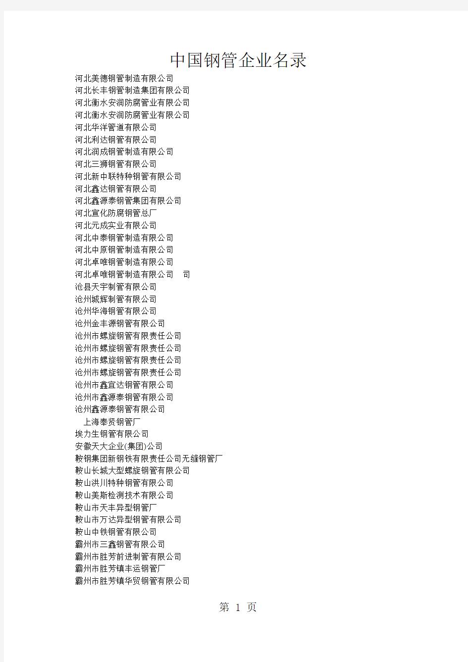 中国钢管制造企业名录20页word文档