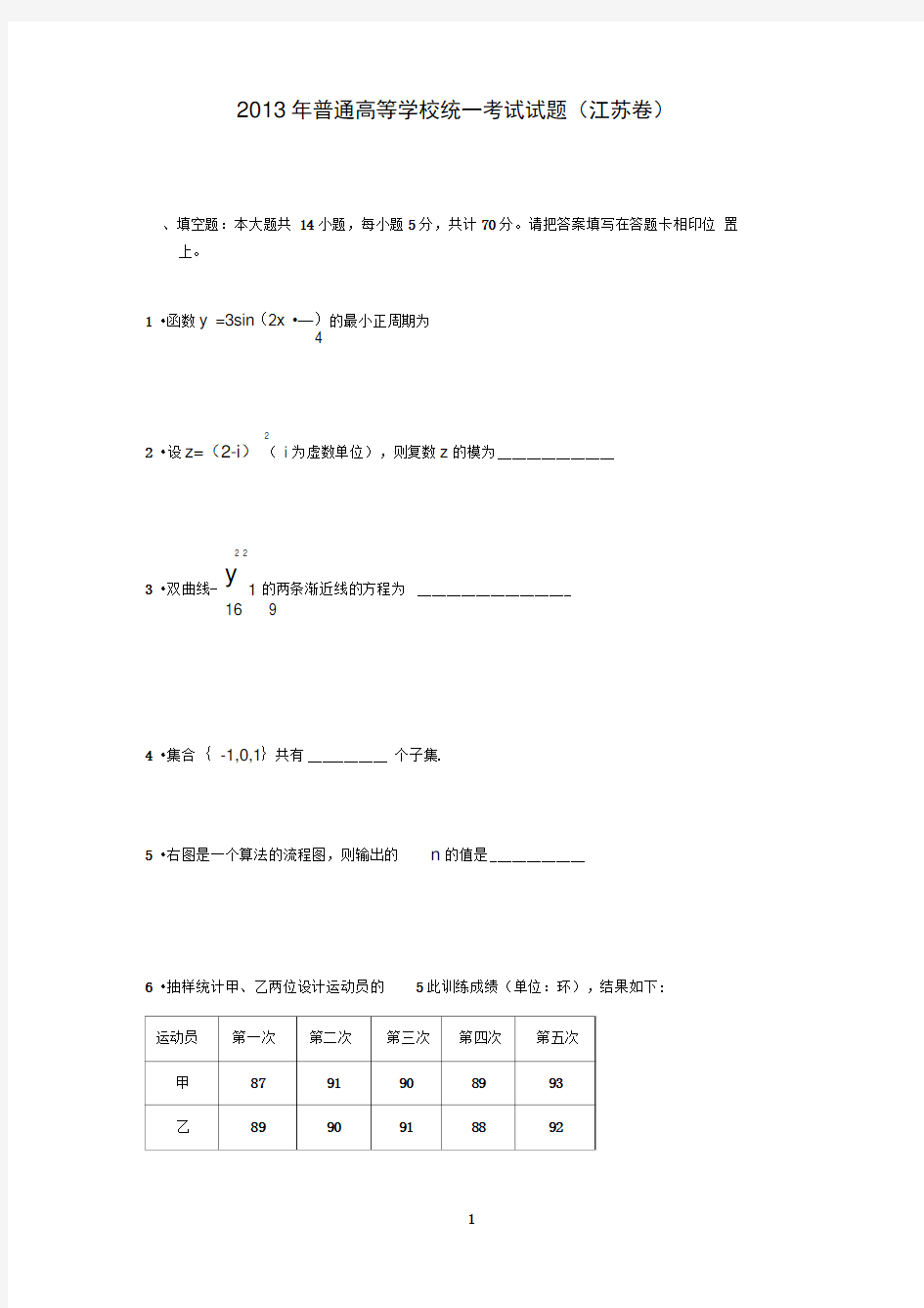 2013江苏高考数学试卷