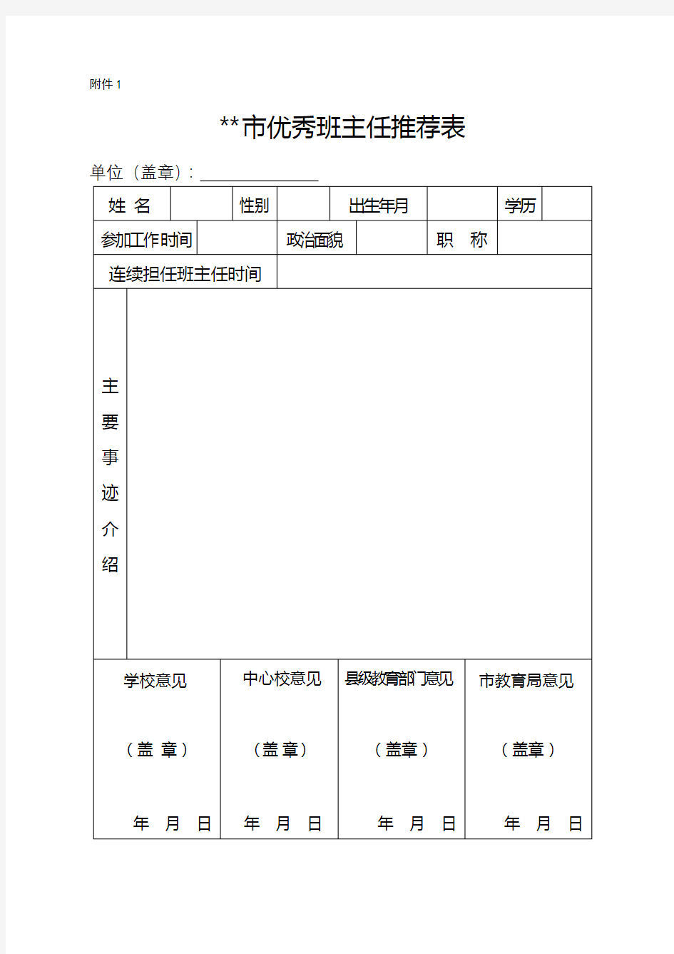 市优秀班主任推荐表【模板】