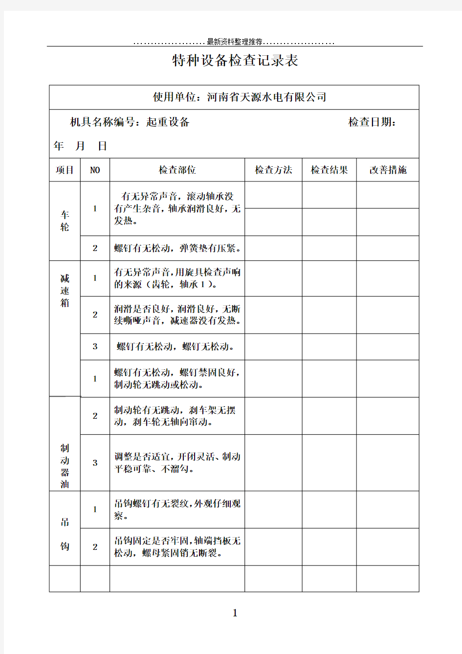 特种设备检查记录表