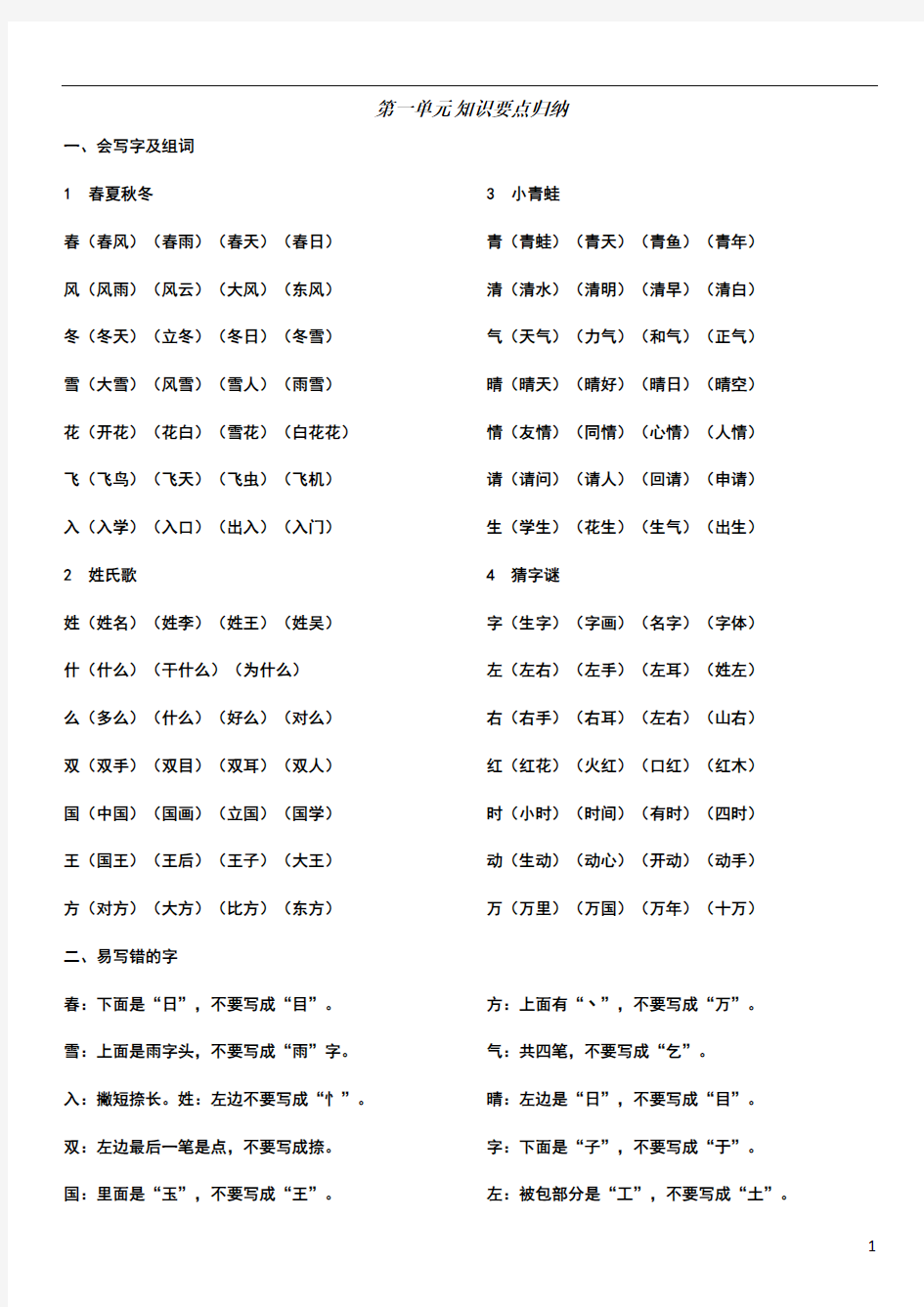 一年级下册语文知识点归纳