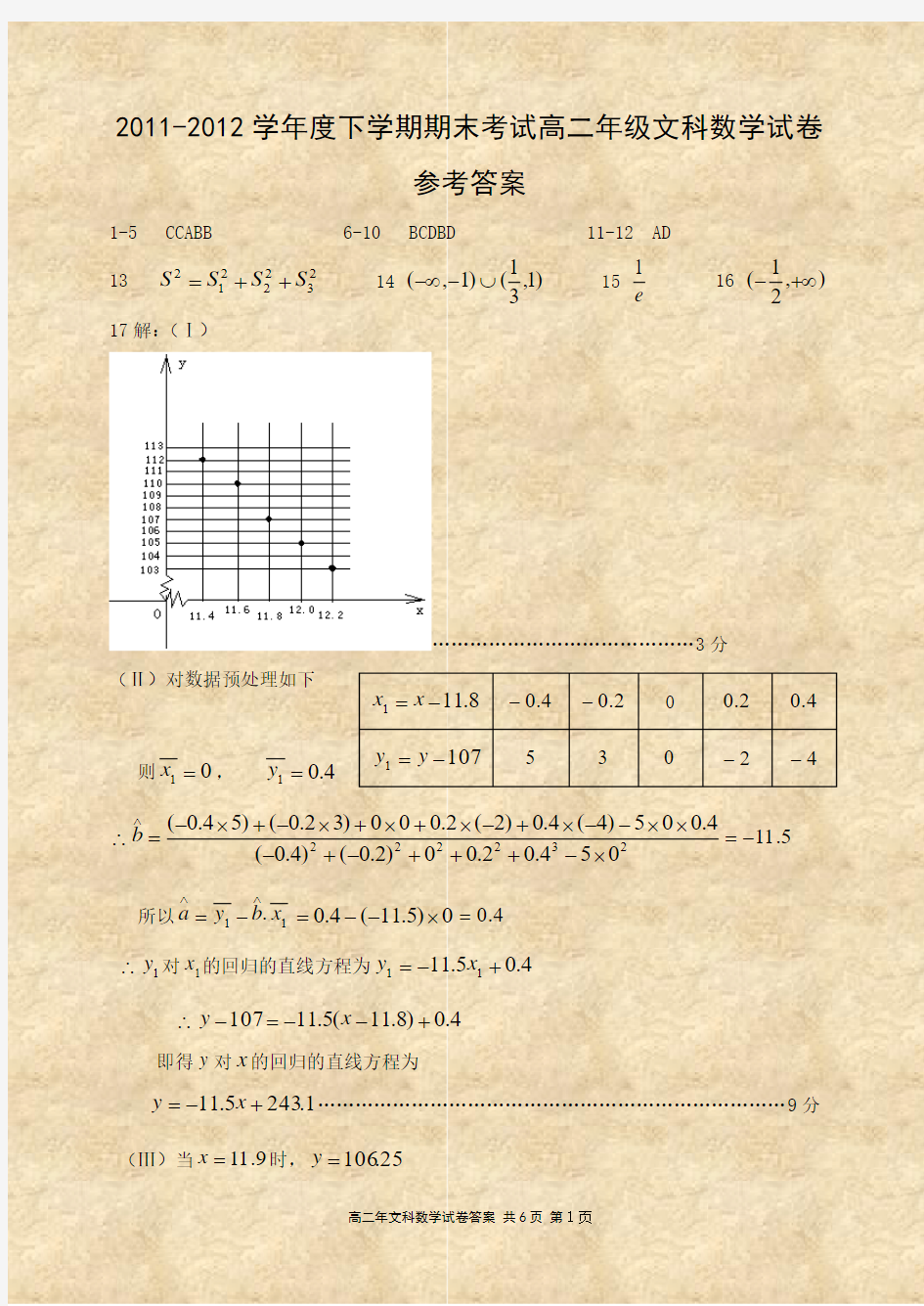 2011-2012学年度下学期期末考试高二年级文科数学试卷参考答案