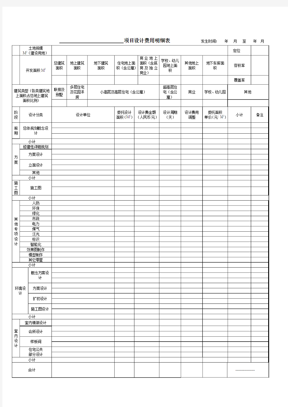 项目设计费用明细标准表格