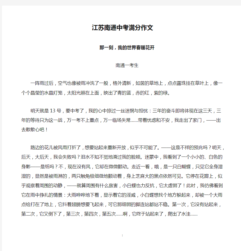 江苏南通中考满分作文