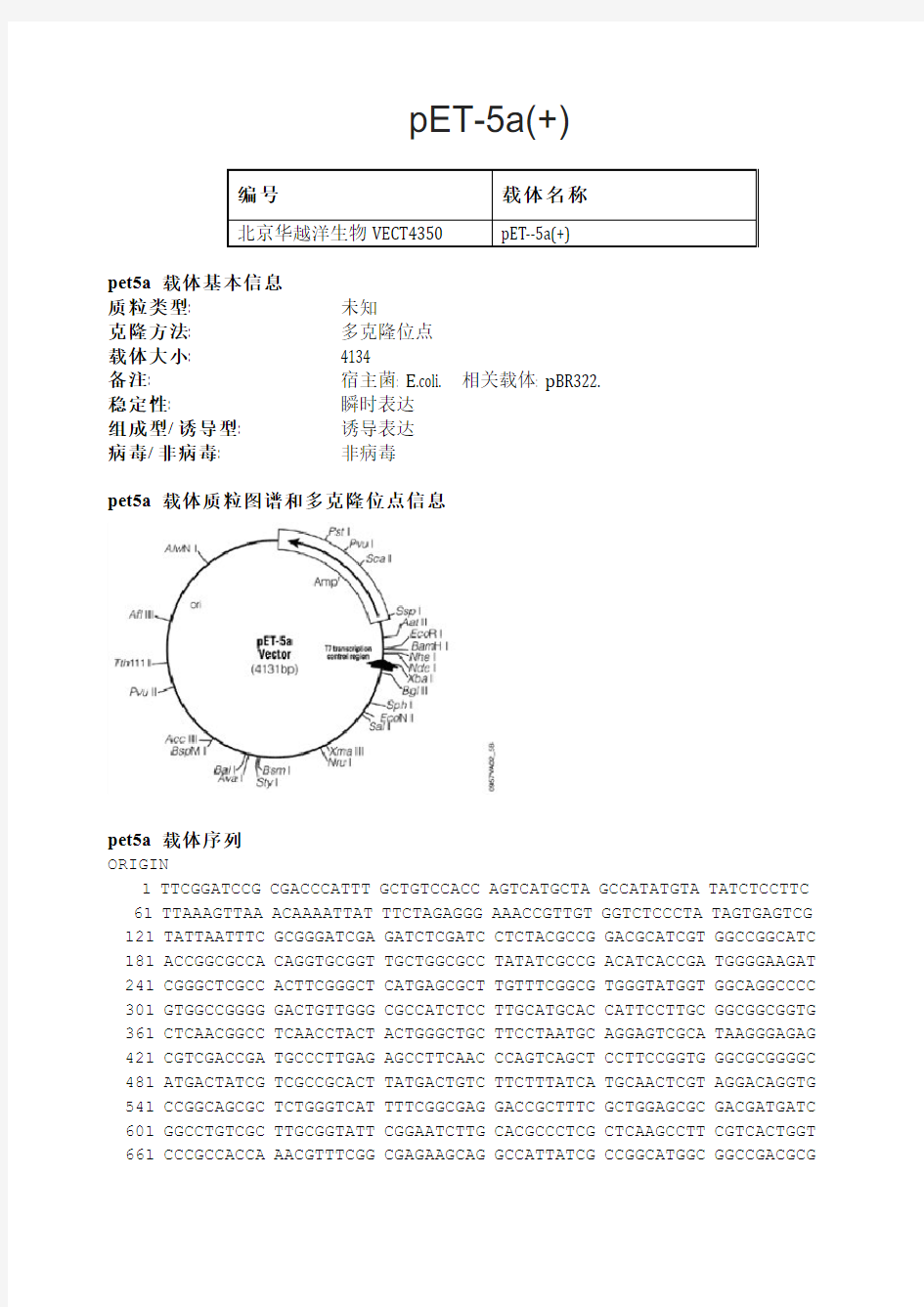 pET-5a(+)大肠杆菌表达载体说明