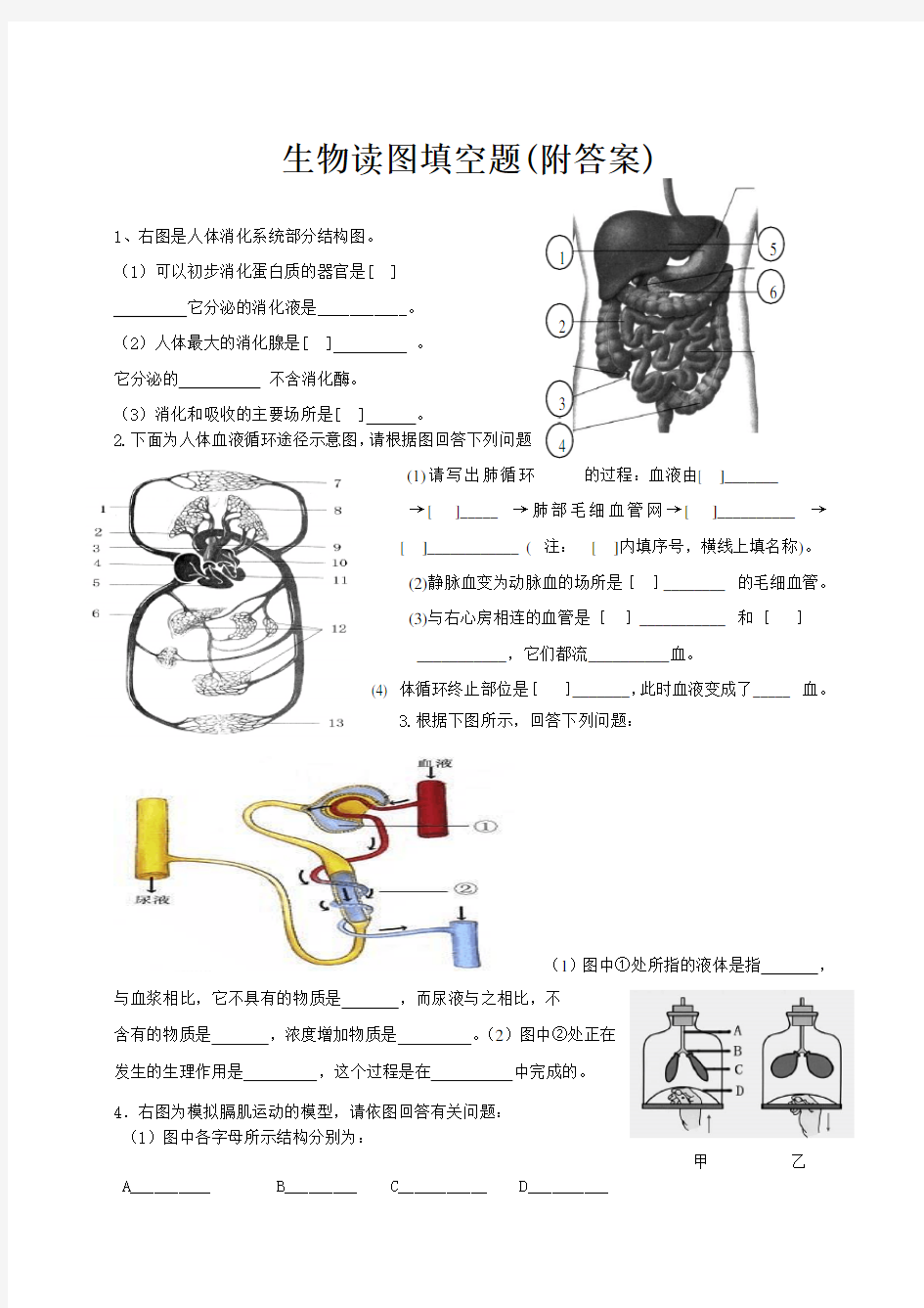 七年级下册生物读图填空题(附答案)