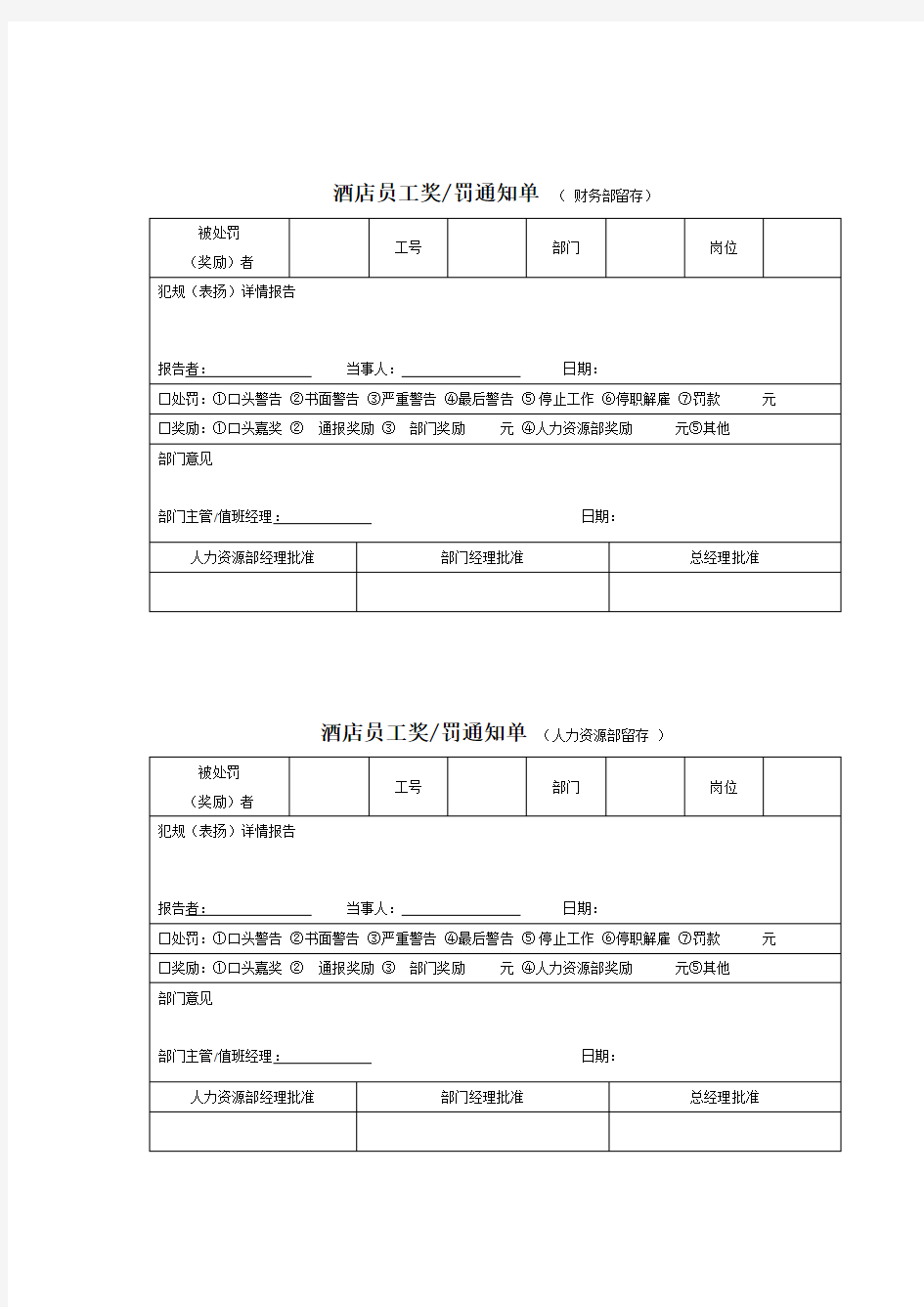 酒店员工奖罚单