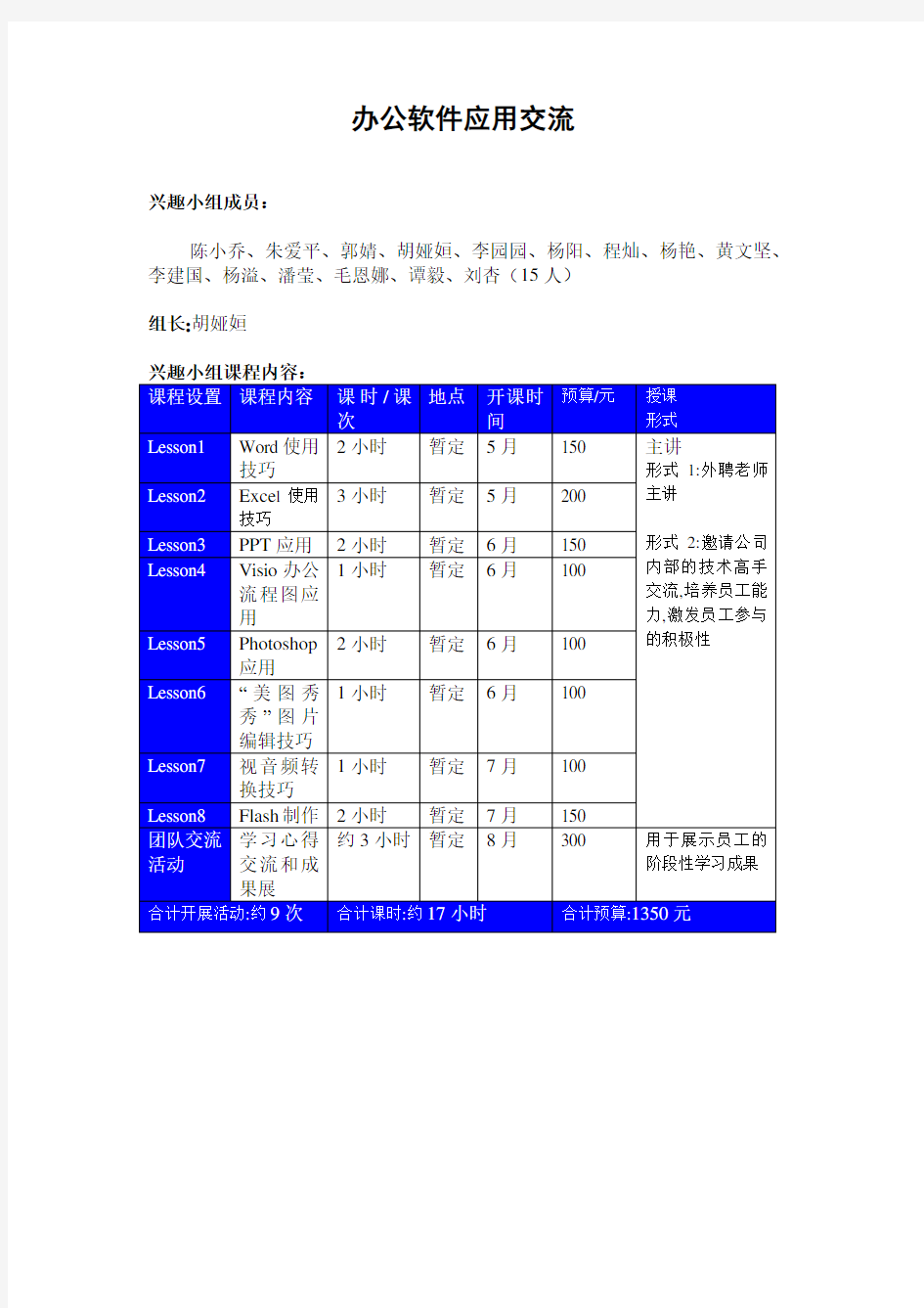 办公软件应用交流(兴趣小组)开展计划