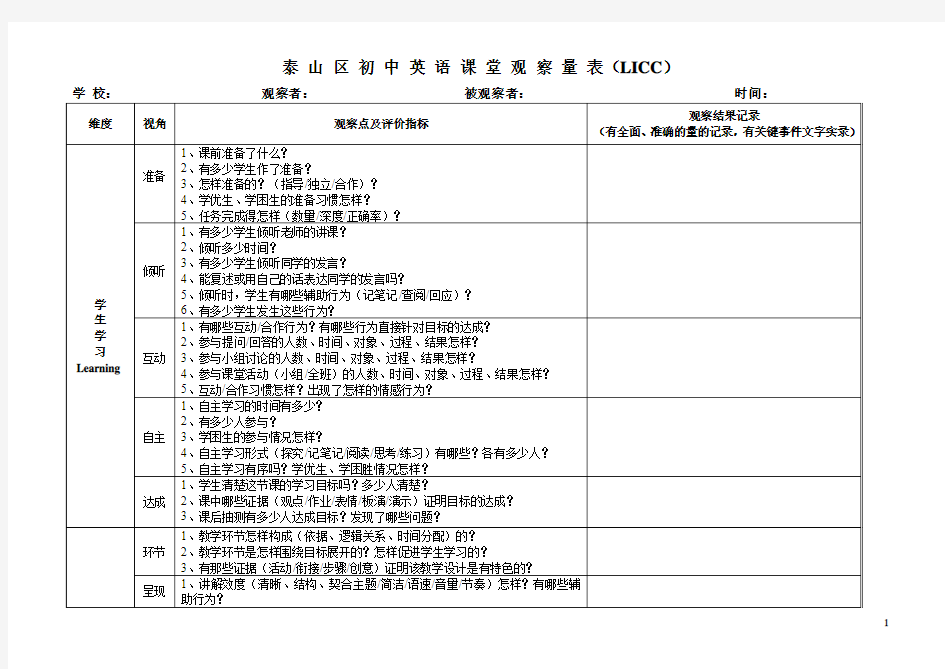 泰山区初中英语课堂观察量表LICC