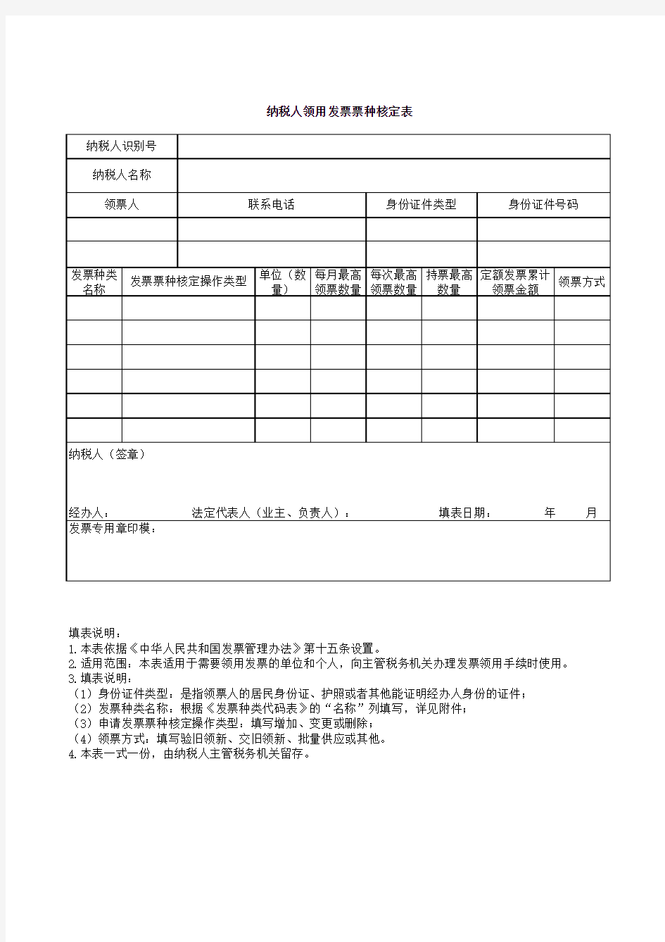 纳税人领用发票票种核定表