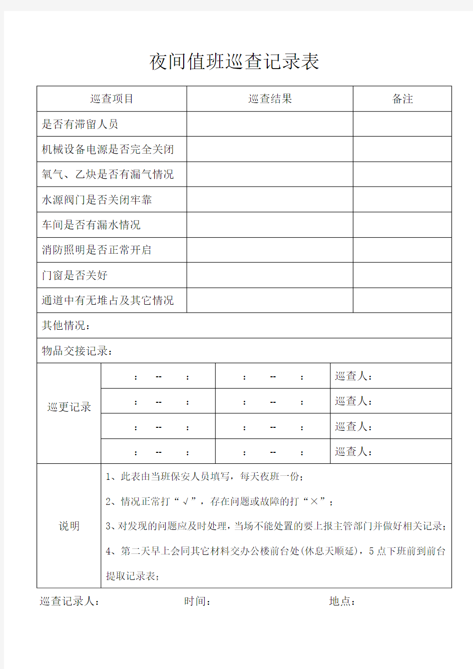 夜间值班巡查记录表