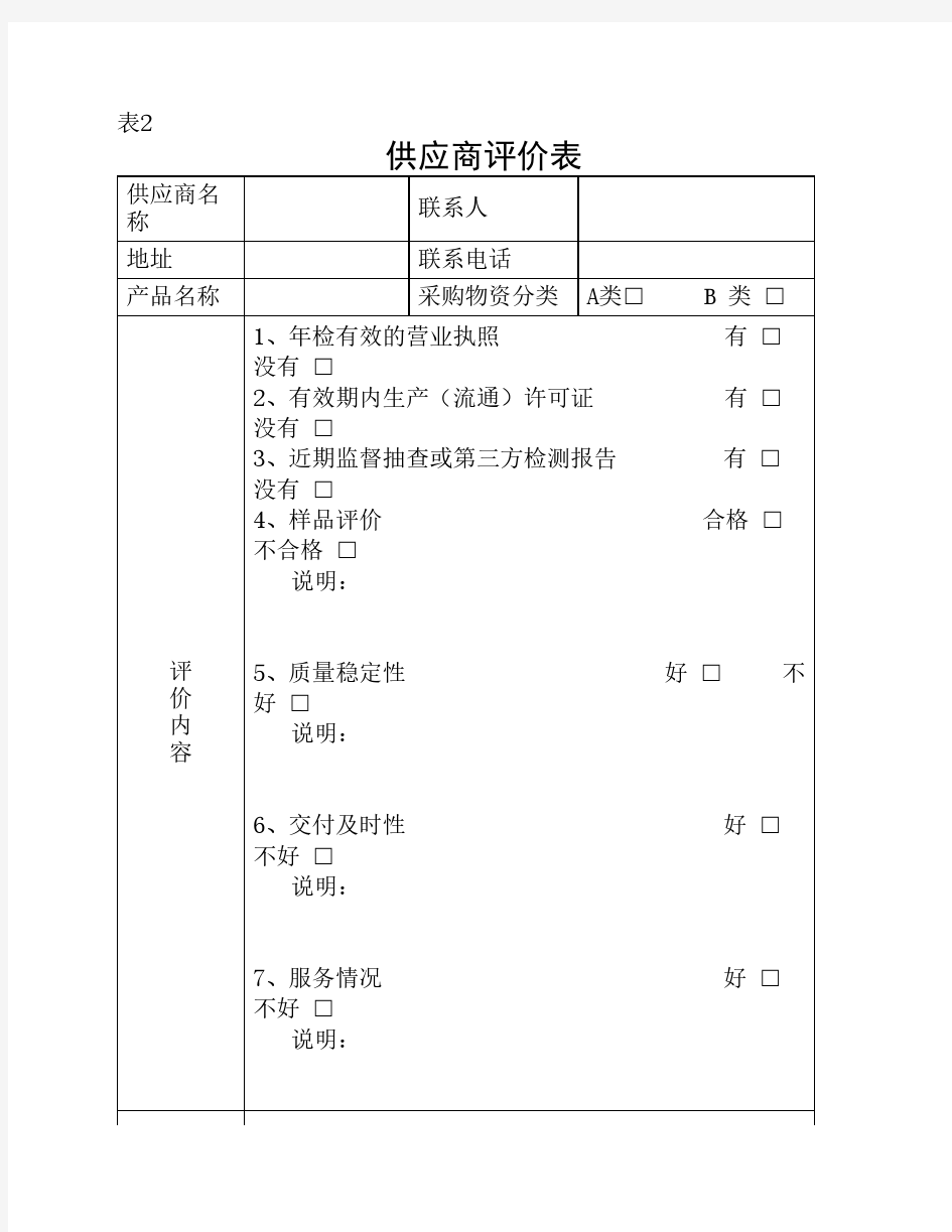 QS认证各种记录表格