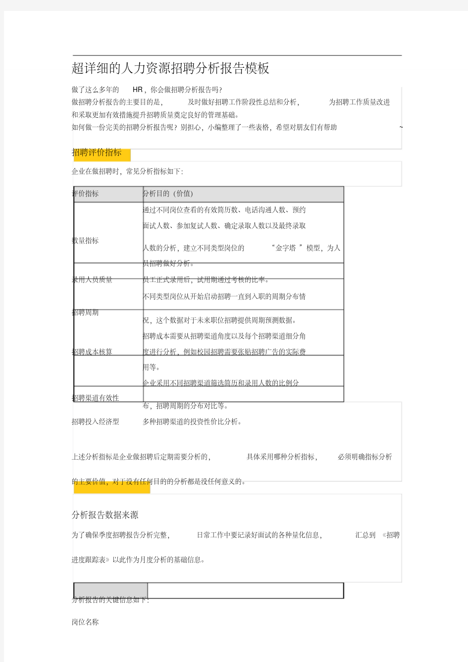 超详细的人力资源招聘分析报告模板(20191204024218)