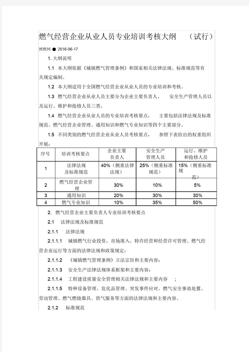 燃气经营企业从业人员专业培训考核大纲(20190429161801)