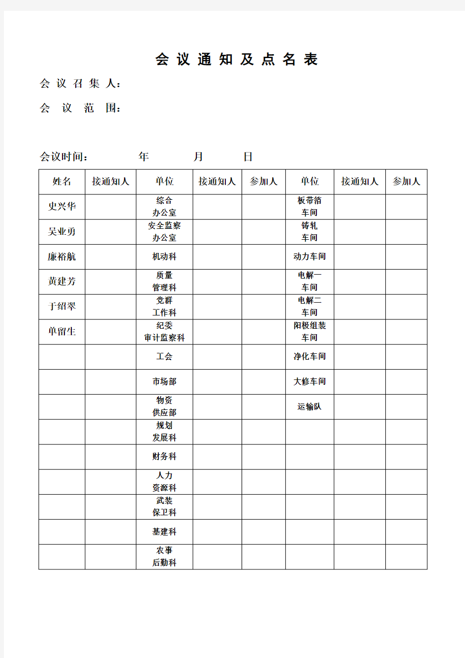 会议通知及点名表