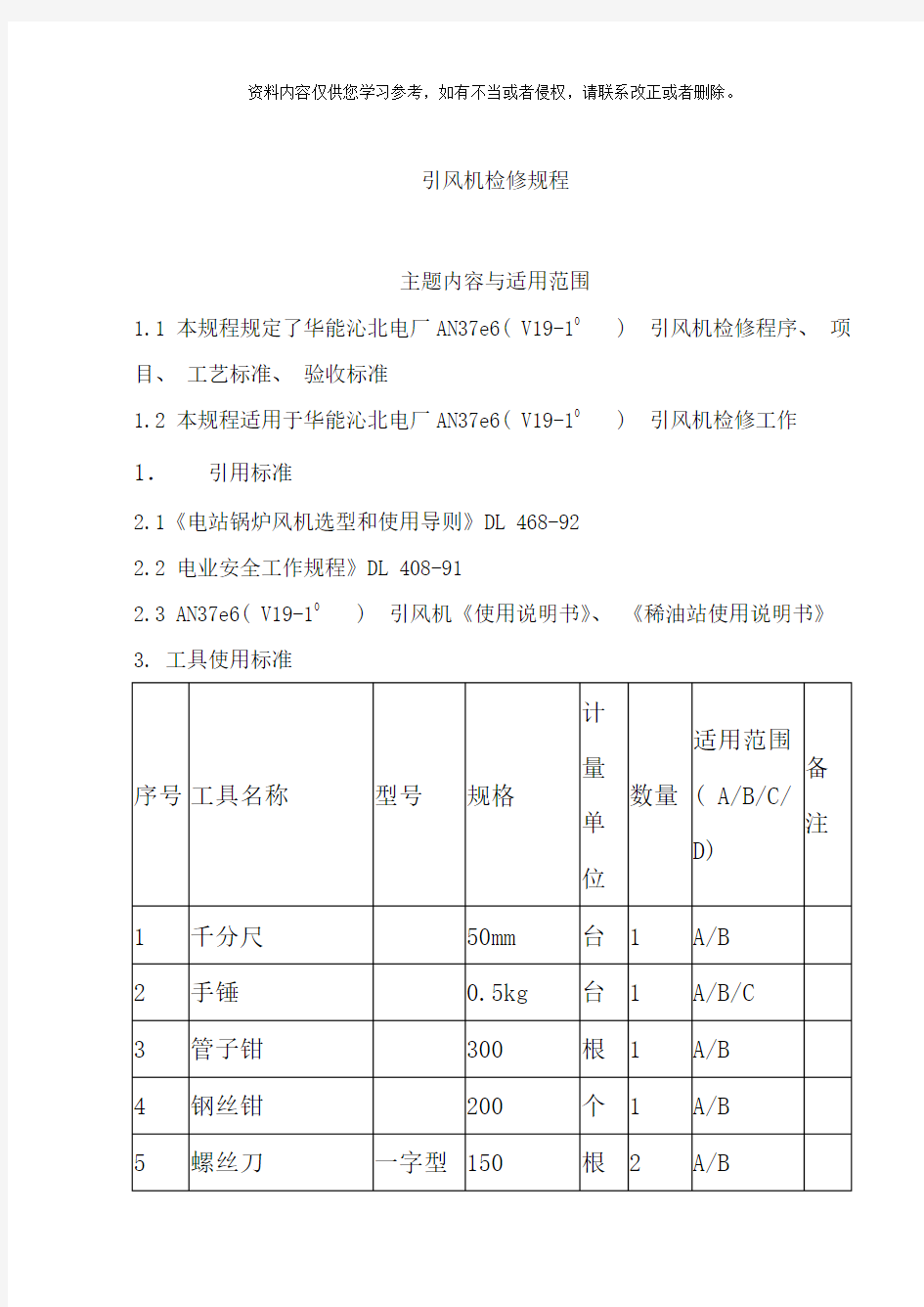 风机检修规程样本