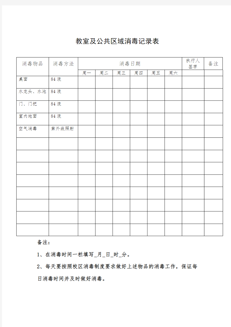 教室及公共区域消毒记录表