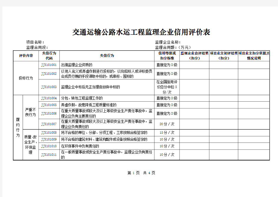 交通运输公路水运工程监理企业信用评价表式样