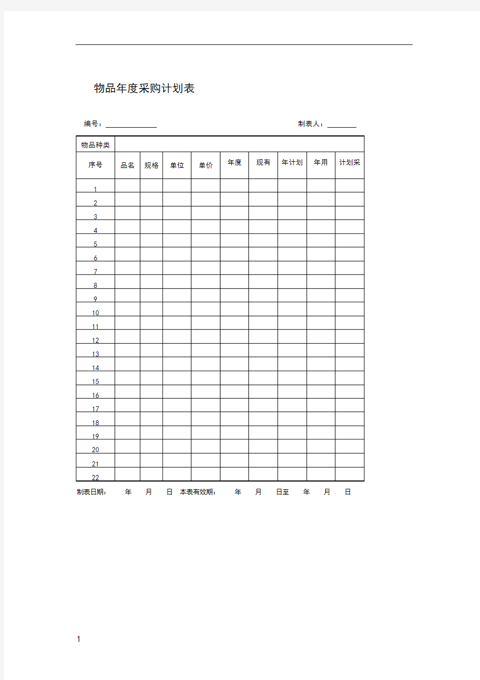 物品年度采购计划表