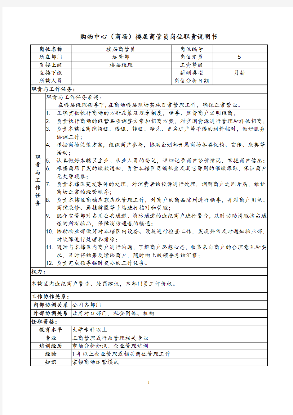 购物中心(商场)楼层商管员岗位职责说明书及工作流程