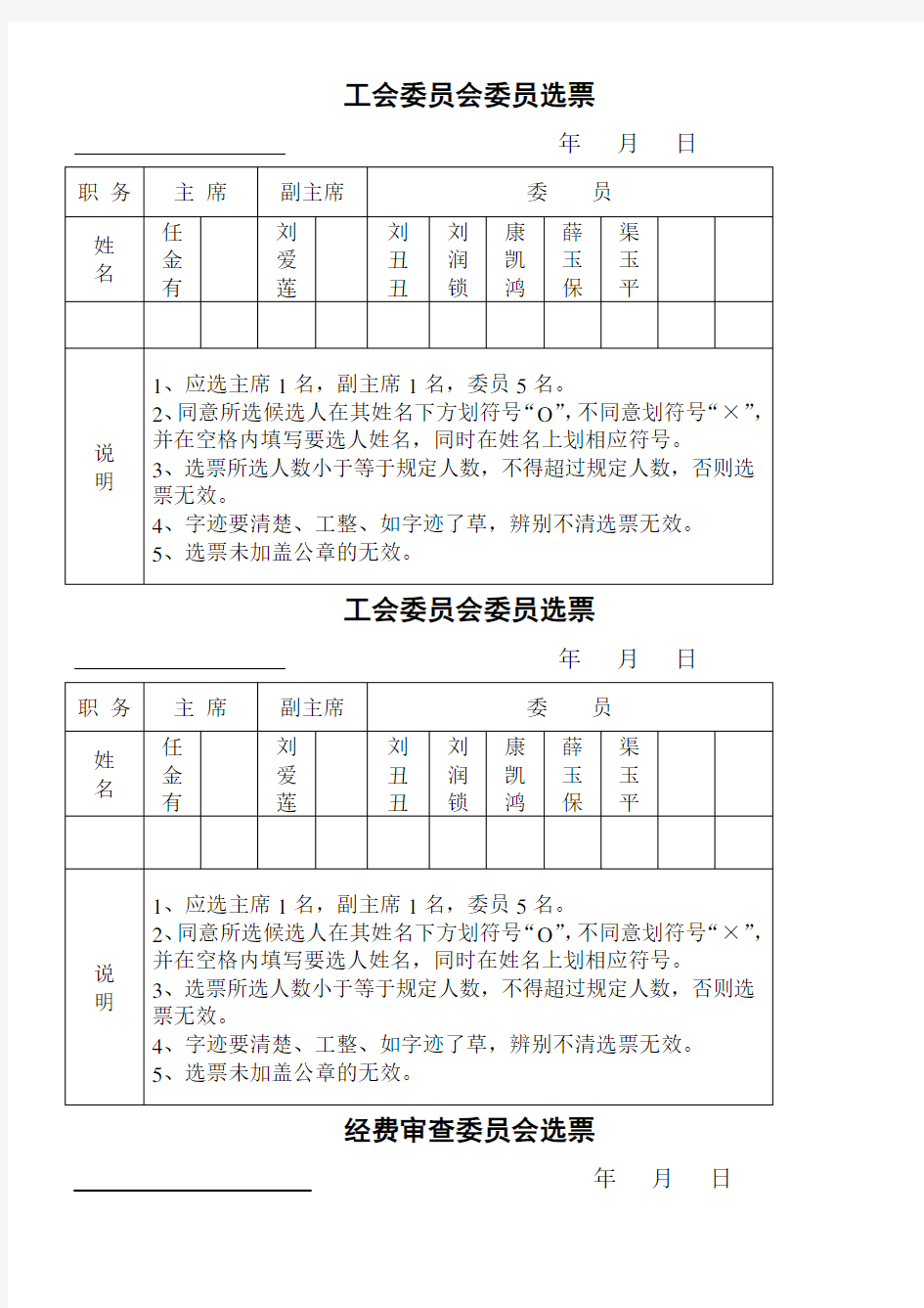 (完整word版)工会委员会委员选票