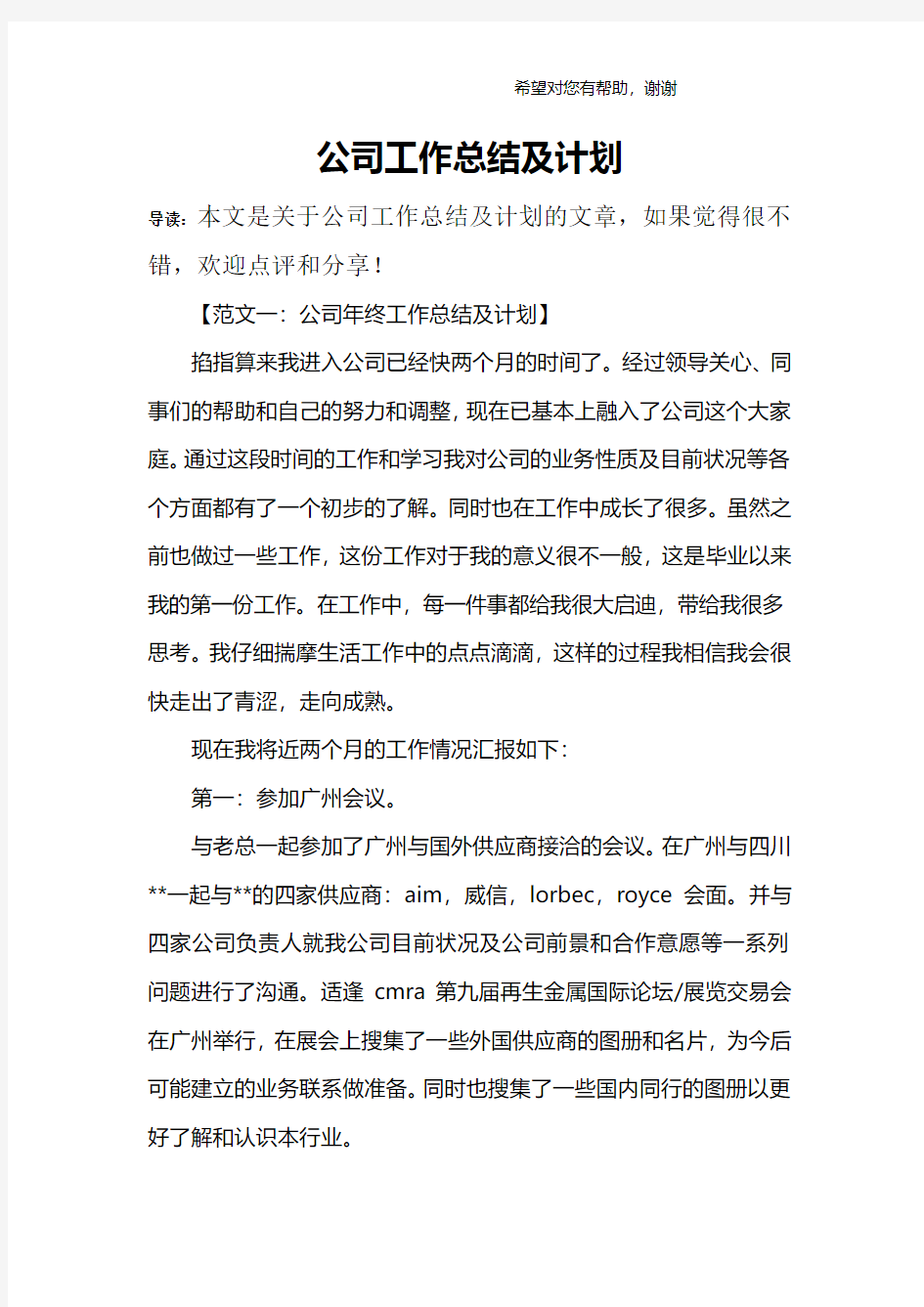 公司工作总结及计划