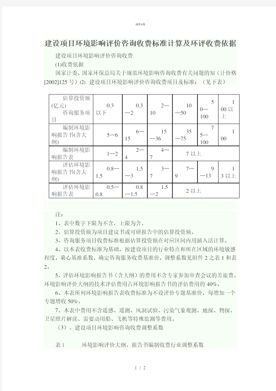 建设项目环境评估咨询收费标准计算及环评收费依据