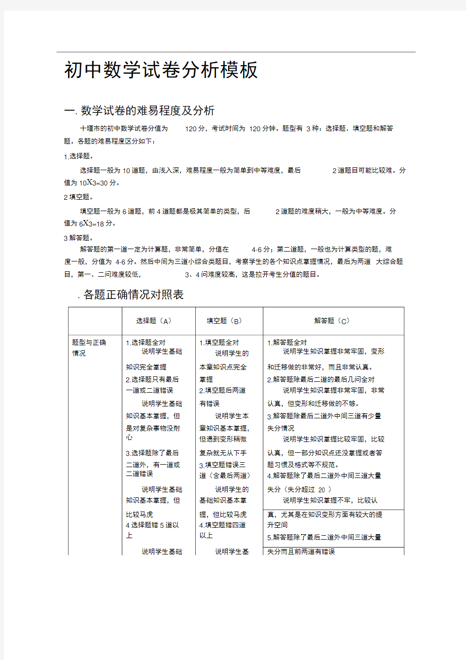 初中数学试卷分析精选范文