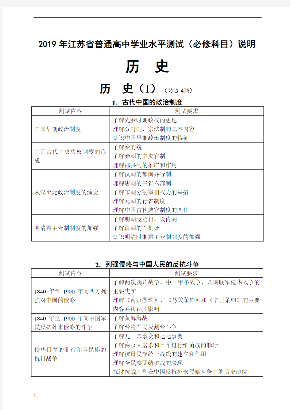 2019年江苏省普通高中学业水平测试(必修科目)说明历史