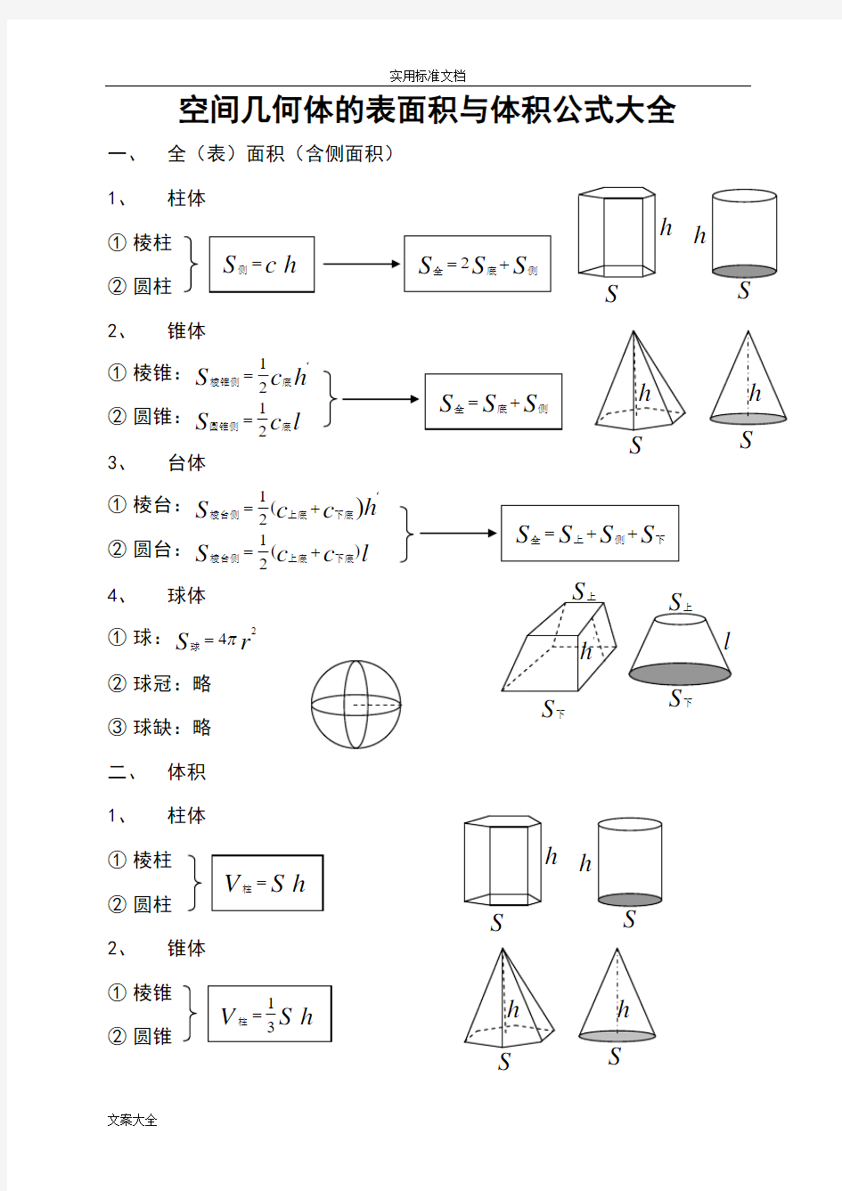 空间几何体地表面积及体积公式大全