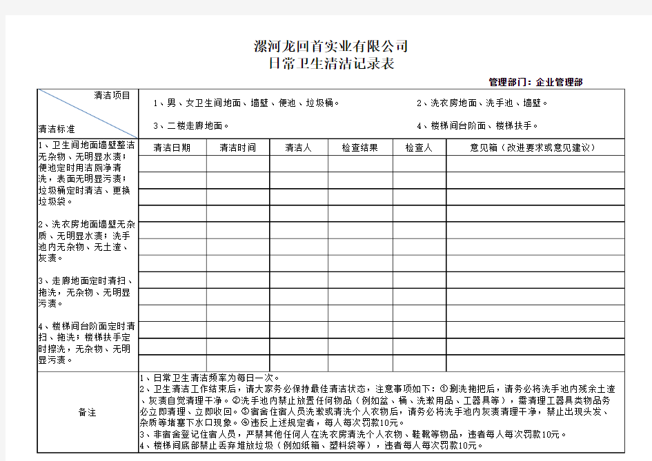 二楼日常卫生清洁记录表