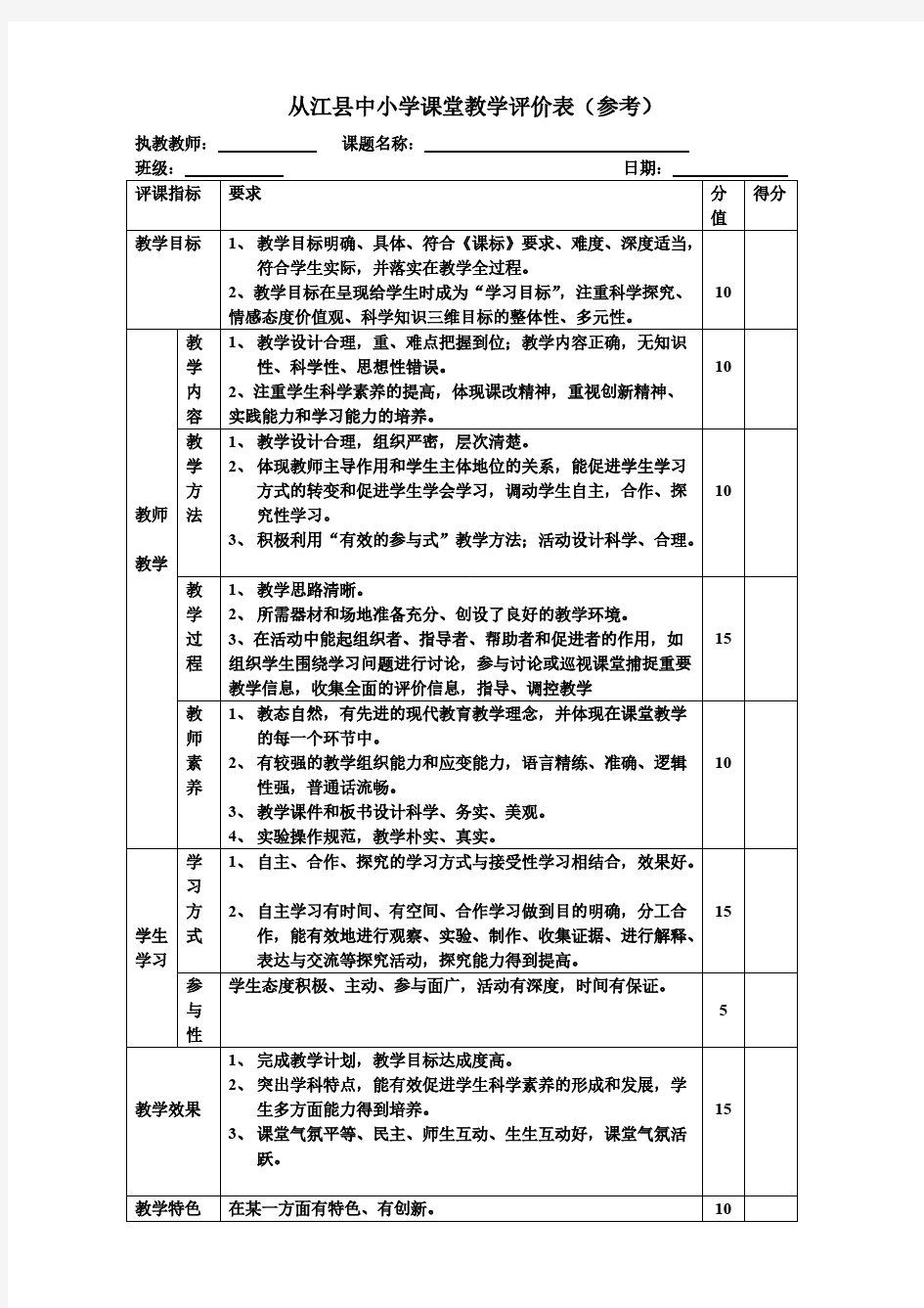 中小学课堂教学评价表