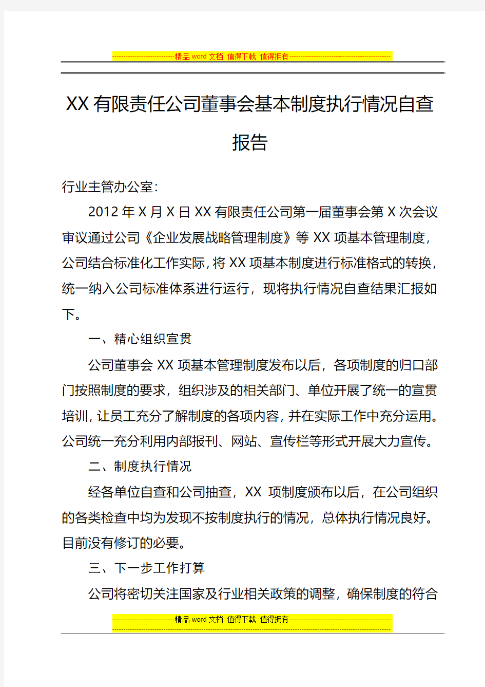 XX公司基本制度执行情况自查报告