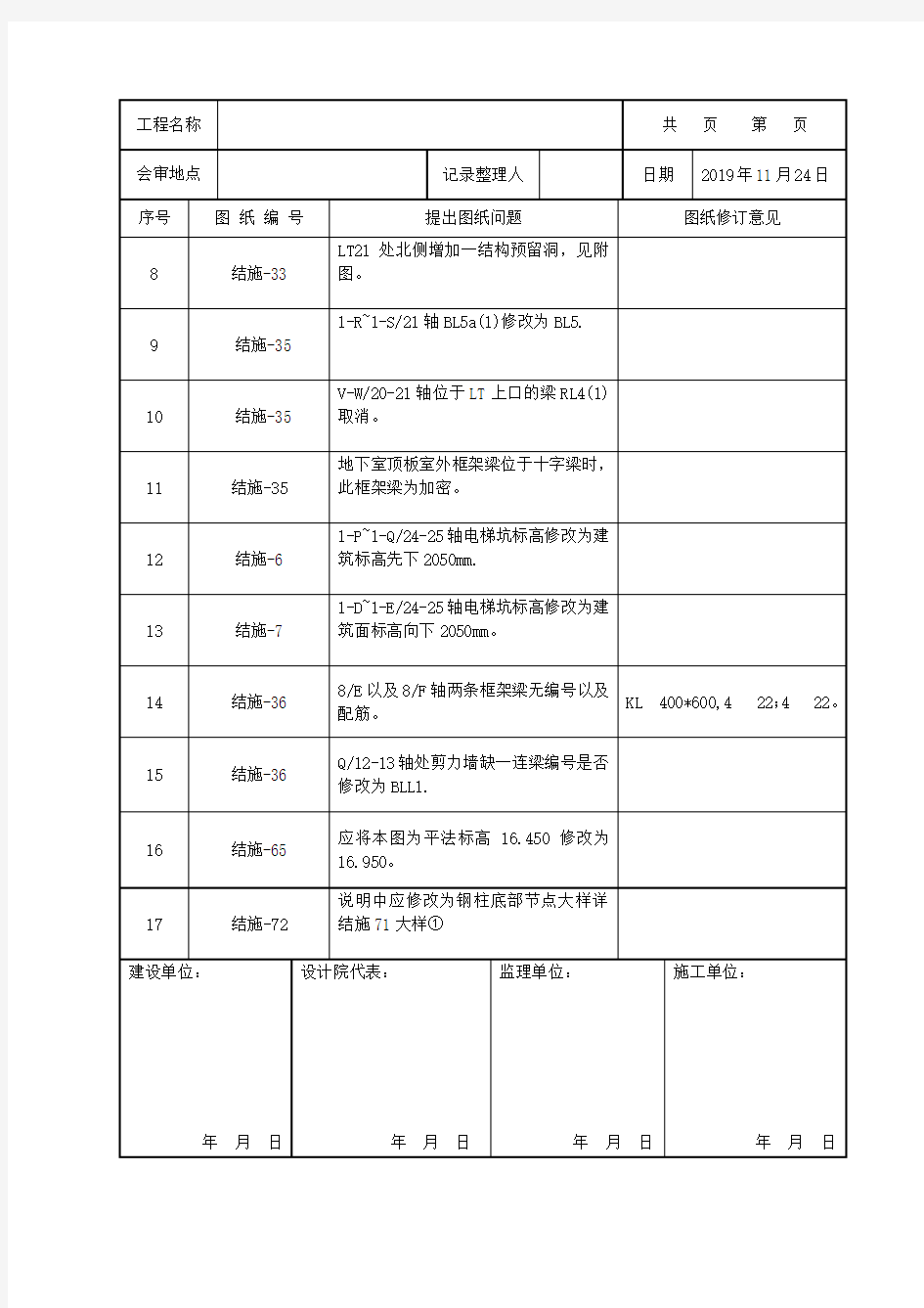 施工图纸会审记录表(表格完整)