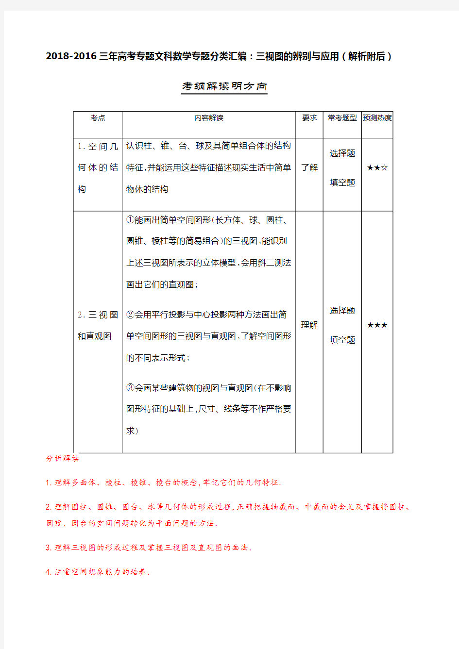 2018-2016三年高考真题,文科数学专题分类汇编：三视图的辨别与应用(解析附后)