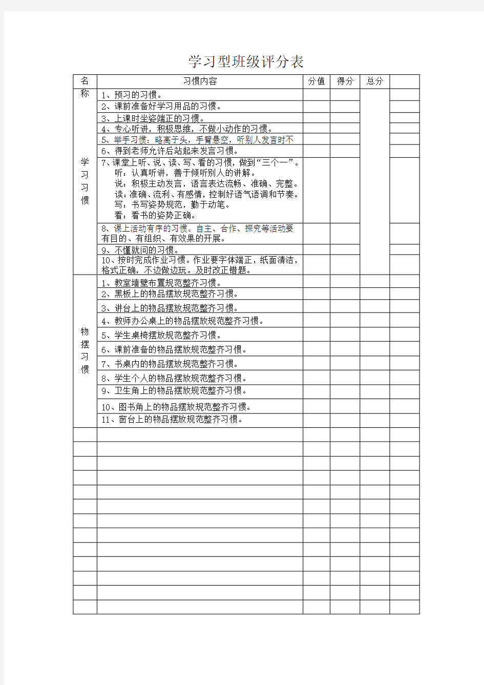 好习惯班级评分表