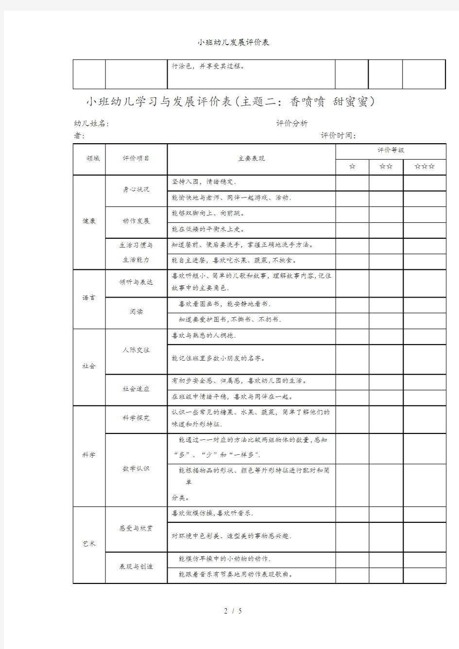 小班幼儿发展评价表