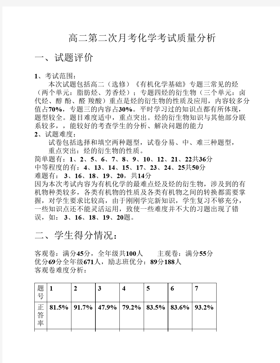 高二第二次月考化学考试质量分析