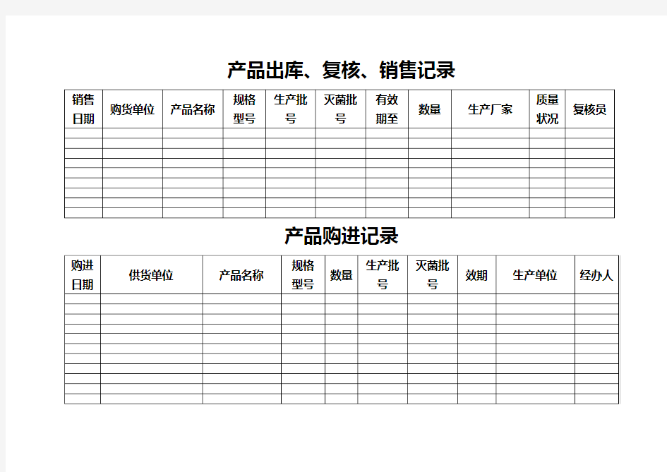 医疗器械各种记录表格横表