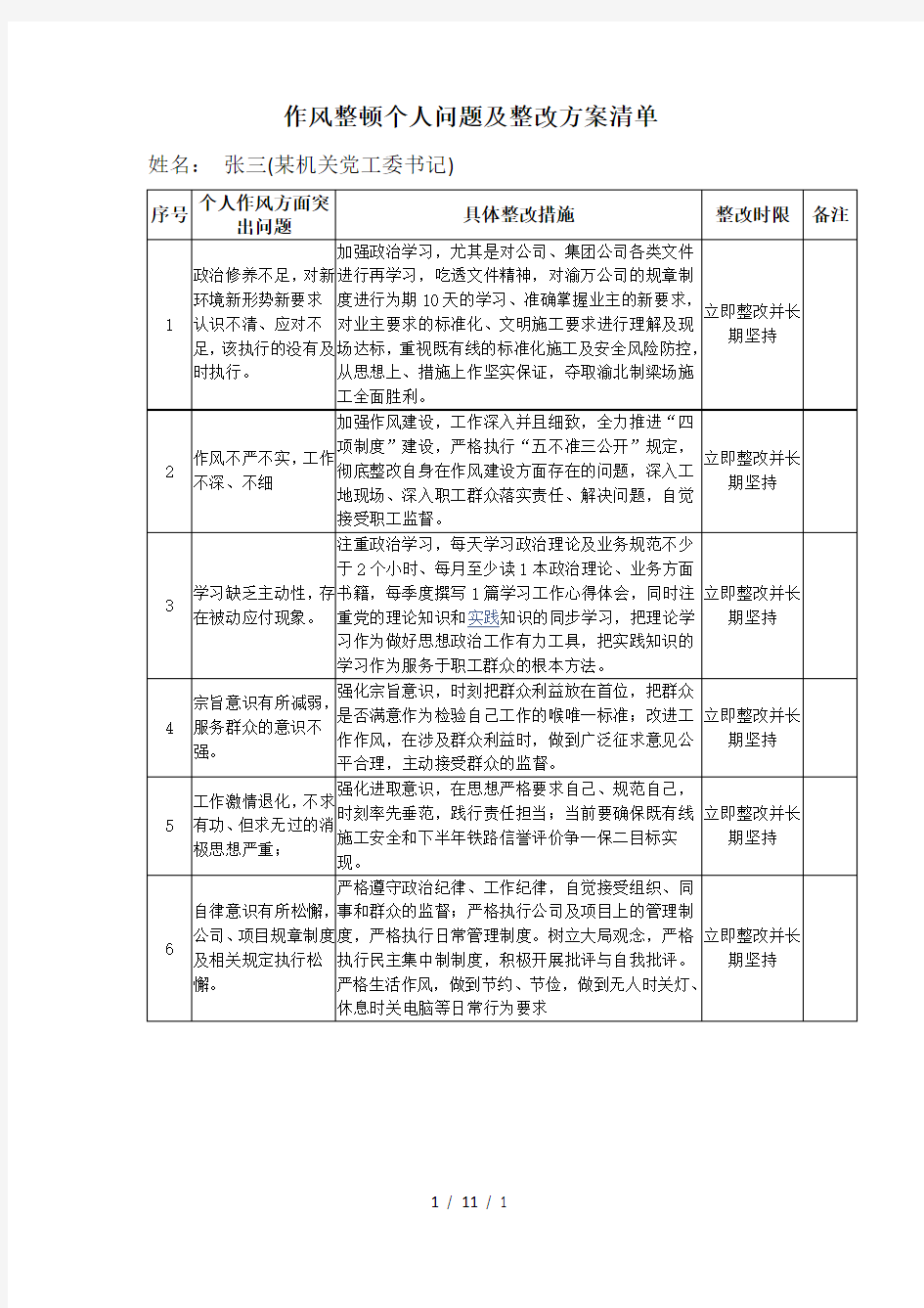 作风整顿个人问题及整改方案清单