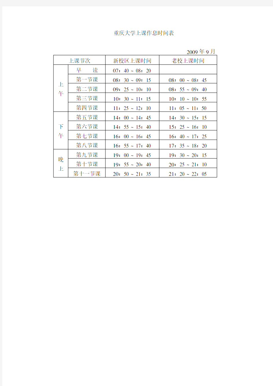 重庆大学上课作息时间表