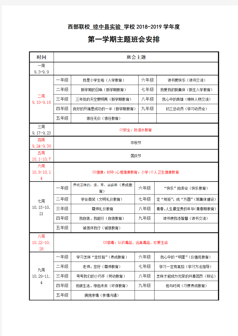 第一学期主题班会安排